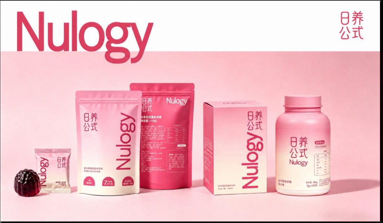 日养公式 Nulogy 全线产品包装:独立装软糖、粉色与玫红色立袋、彩盒与瓶装